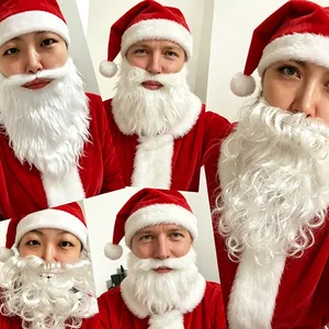 Close-up detail of children Santa Claus costume set with various white beard styles