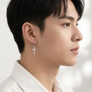 Boucles d'Oreilles Créoles Pendantes Croix en Strass Pavé Cuivre Plaqué Or Argent Bijoux de Mode Classique Unisexe