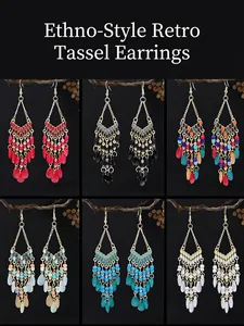 Detail view of colorful bohemian tassel earrings with beads and water drop pendants
