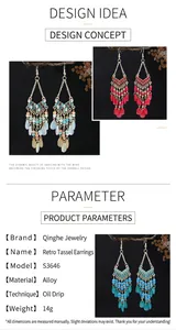 Detailed view of bohemian style ethnic beaded tassel earrings with colorful water drop charms