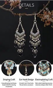 Macro detail views of Bohemian ethnic style long tassel beaded teardrop earrings