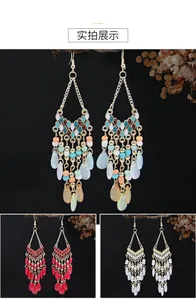 Bohemian style long beaded tassel earrings with colorful teardrop pendants for women.