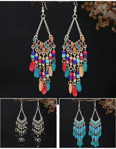 Detail view of Bohemian long beaded tassel earrings available in various vibrant color options.
