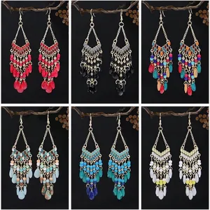 Bohemian Ethnic Beaded Tassel Dangle Earrings Alloy Acrylic Water Drop Long Vintage Jewelry With Iron Hooks For Women