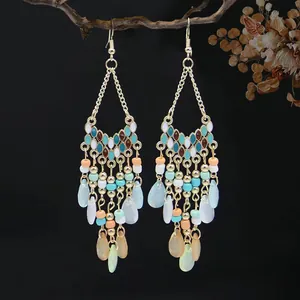 Handmade Bohemian long beaded tassel drop earrings with ethnic style and colorful beads.