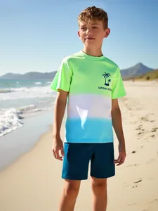 Detailed shot of boys' gradient swim set with palm tree print on a sunny beach