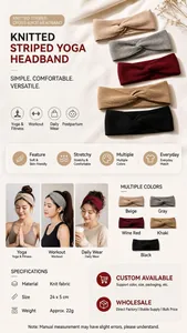 Details of knitted striped yoga headbands in various colors for sports and daily wear.