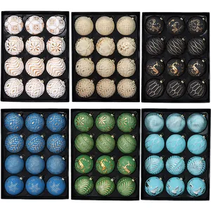 Detailed view of six sets of 8cm decorative Christmas baubles in various festive colors