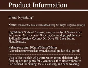 Detailed product specifications for Thai style plant-based handmade soap information card