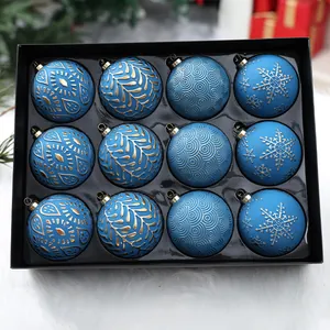 Premium set of 12 blue 8cm Christmas baubles with gold painted patterns in black gift box