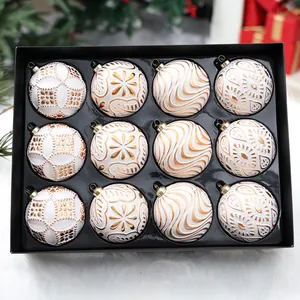 Set of 12 elegant white and gold painted 8cm Christmas ball ornaments in a black gift box