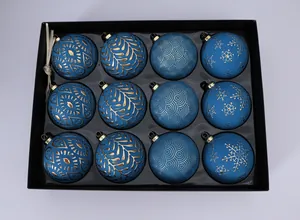 Set of 12 elegant blue and gold painted 8cm Christmas ball ornaments in a black box