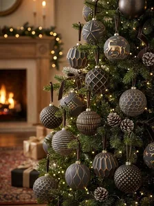 Detailed view of matte black and gold Christmas ball ornaments hanging on a festive tree