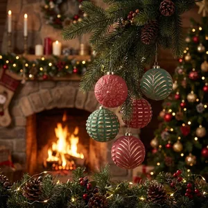 Detailed view of 8cm painted Christmas balls with gold patterns hanging on pine branches