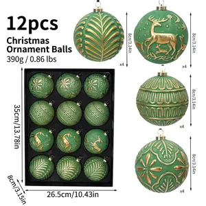Set of twelve green and gold painted eight centimeter Christmas ball ornaments with dimensions