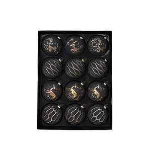 Set of 12 luxury 8cm black and gold patterned Christmas ball ornaments for holiday tree decor