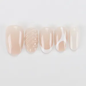 Elegant nude pink and white French press-on nails in short oval shape with spiral waves
