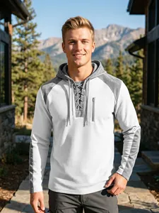 Détail du sweat à capuche gaufré pour homme avec col à lacets et blocs de couleurs