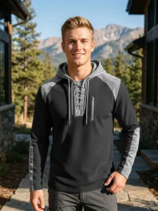 Sweat à capuche en maille gaufrée pour homme avec col à lacets et panneaux contrastés