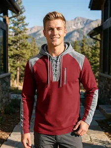 Sweat à capuche en maille gaufrée pour hommes, bicolore rouge et gris avec col lacé.