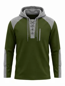 Sweat à capuche pour homme en maille gaufrée verte avec manches raglan grises et lacets.