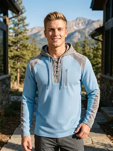 Sweat à capuche bleu gaufré pour homme avec blocs gris et col à lacets