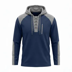 Sweat à capuche pour homme en maille gaufrée bleu marine et gris avec laçage chic