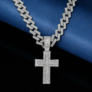 Collier Pendentif Croix Hip Hop Alliage Strass Chaîne Cuban Link Pour Hommes Streetwear