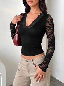 Elegant black sheer floral lace V-neck long sleeve top for women slim fit style
