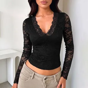 Women Sexy V Neck Floral Lace Long Sleeve Top Elegant Sheer Mesh Patchwork T-Shirt Slim Fit Base Shirt For Women