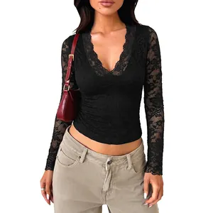 Elegant black floral lace long sleeve V-neck top for women slim fit sheer blouse