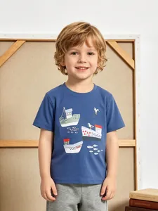 Maglietta da Bambino in Cotone a Maniche Corte Stampa Nautica Cartoon Barca Blu Marino Casual Estiva Comoda Traspirante