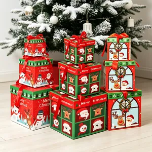 Set of decorative Christmas gift boxes with festive Santa and reindeer designs.