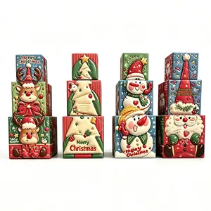 Set of three-size nested decorative Christmas gift boxes with reindeer and snowman designs