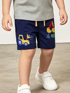 Boys 100% Cotton Knit Shorts Excavator Embroidery Cartoon Engineering Vehicles Summer Casual Sporty Bottoms For Kids Breathable Soft Clothing