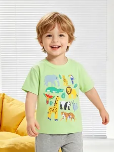 T-Shirt à Manches Courtes en Coton d'Été pour Garçons Avec Imprimé Animal de Dessin Animé Col Rond Décontracté Confortable