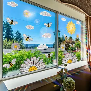 Rainbow daisy and bee static cling window stickers with sun-catcher prism effect