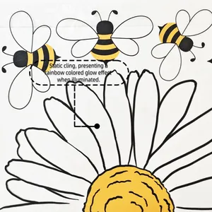 Detailed view showing rainbow daisy and bee patterns on static cling window sticker