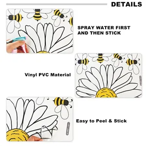 Detailed view of PVC daisy and bee window sticker with peel and stick instructions