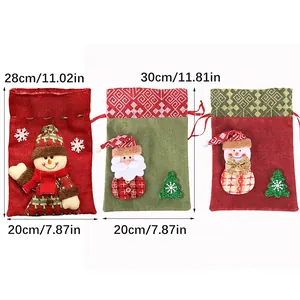 Mesures détaillées pour sacs cadeaux de Noël en toile avec Père Noël et bonhomme de neige