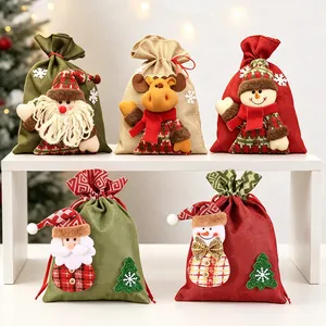 Lot de 5 sacs de Noël à cordon avec motifs de Père Noël, de renne et de bonhomme de neige