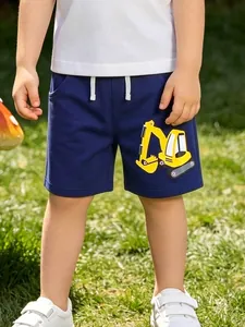 Kids Boys Casual Cotton Shorts Cartoon Excavator Print Summer Elastic Waist Drawstring Toddler Breathable Sports Shorts