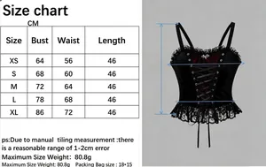 Gothic velvet lace-up corset top size chart with bust, waist and length measurements.