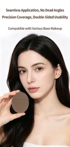 Detailed close-up showing a soft brown oval makeup puff held by a professional model