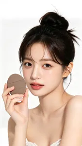 Soft brown oval makeup sponge puff held by a model, ideal for flawless foundation application.