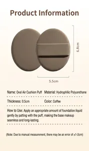 Detailed specifications for coffee-colored oval air cushion makeup puff including material.