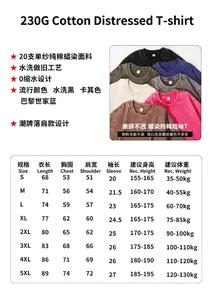 Size guide and material details for 230g heavyweight washed cotton unisex T-shirt