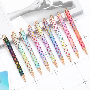 Glitter Click Ballpoint Pen With Rose Gold Metal Clip Heart Daisy Pattern For Students School Office Women Stationery