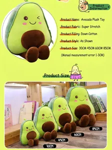 Detail showing four different sizes of cute avocado plush toys: 30cm, 45cm, 60cm, 85cm.