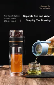 Close-up detail of tea-water separation glass bottle pouring tea into a small glass cup